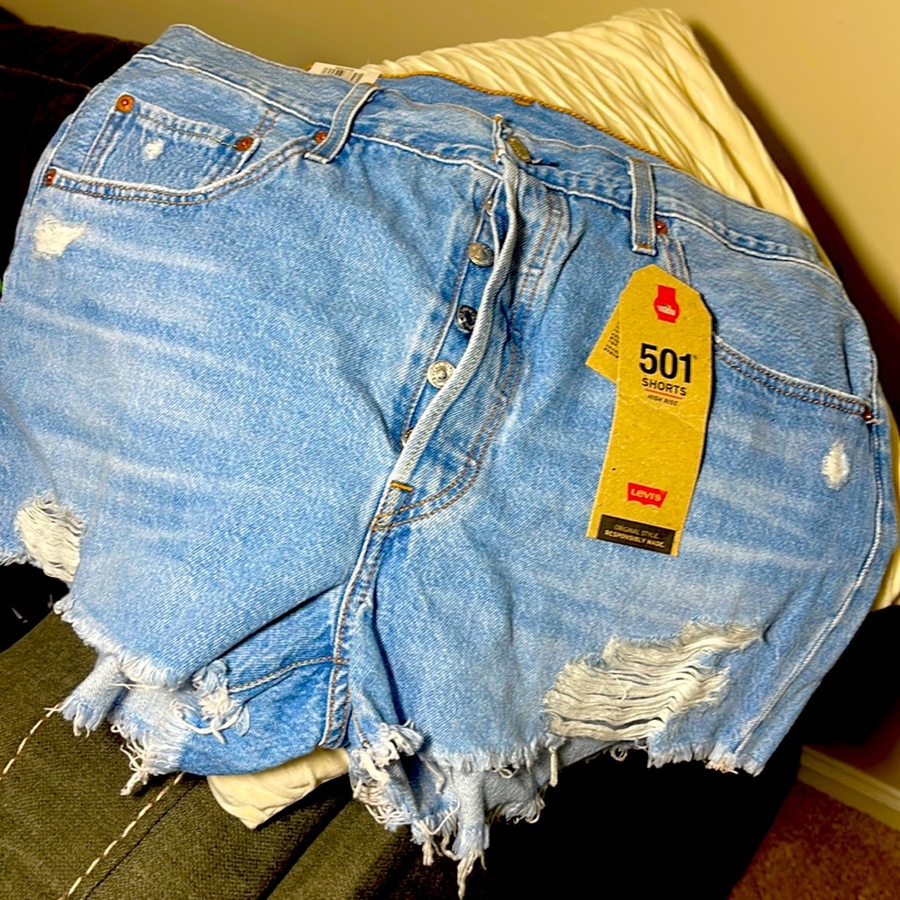 Levi high rise denim distressed shorts